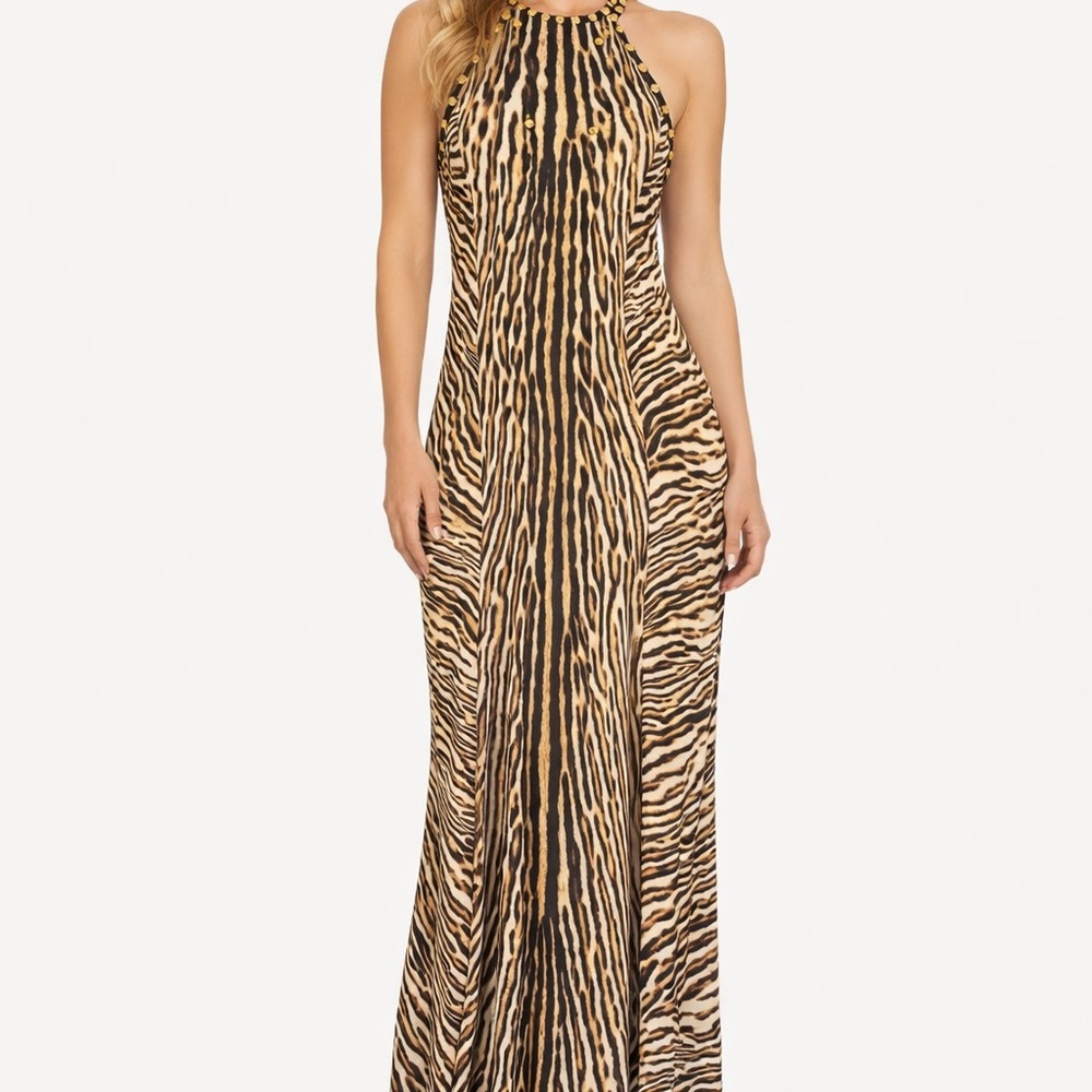 Michael Kors Zebra Print Maxi Dress – Studded Halter Neck – Side Slit – NWOT